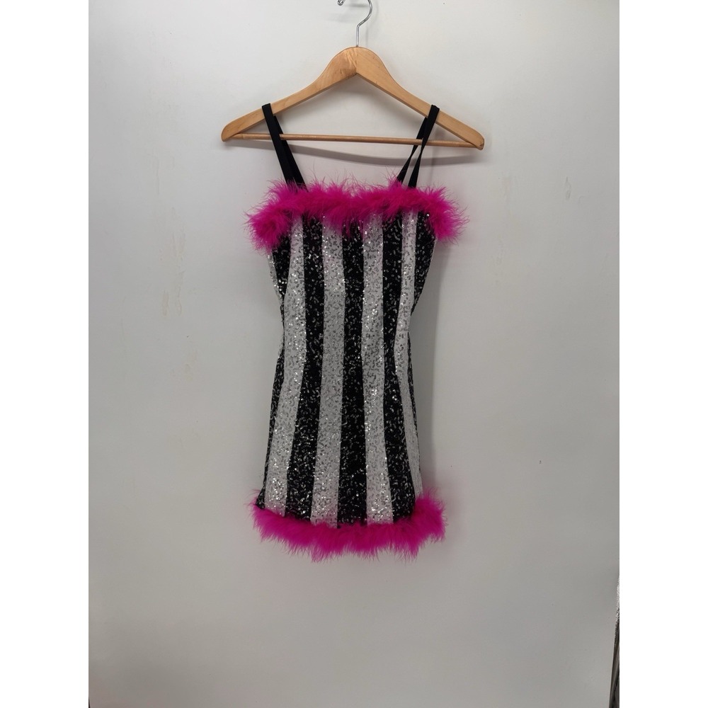 Weissman XS Regular Silver & Black Striped Sequin Dress w/ Pink Feather Trim